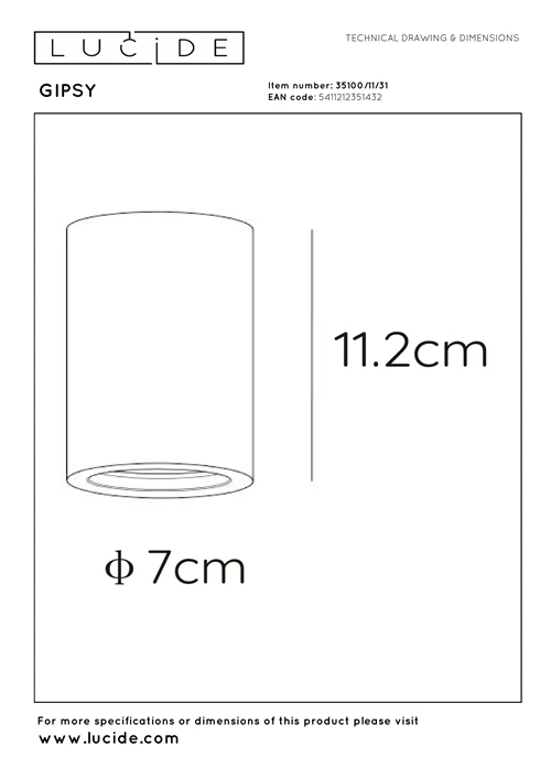 Lucide GIPSY - Foco de techo - Ø 7 cm - 1xGU10 - Blanco - técnico
